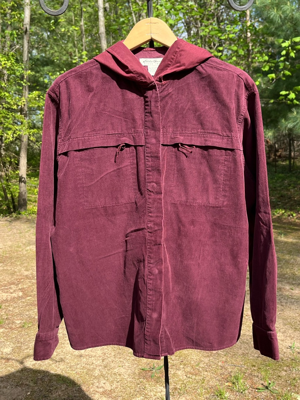Y2K Eddie Bauer Burgundy Maroon Micro Corduroy Hooded Snap Button Shirt Size L